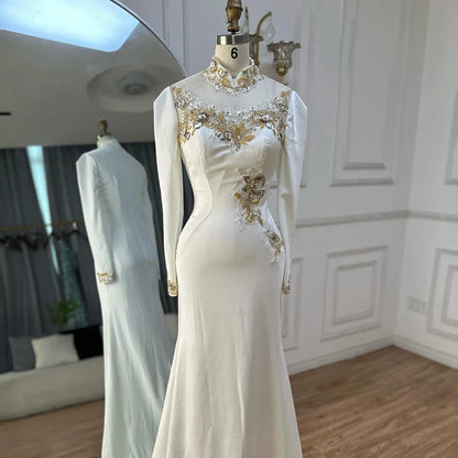 Luxury Dubai   Arabic White Beaded Satin Saudi Mermaid Evening Dresses Gowns for Formal Occasion LA72815