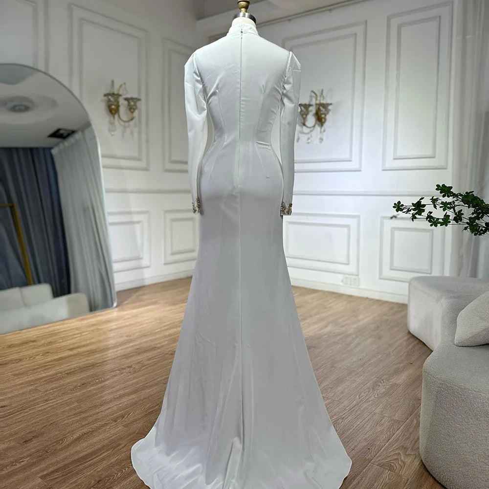 Luxury Dubai   Arabic White Beaded Satin Saudi Mermaid Evening Dresses Gowns for Formal Occasion LA72815