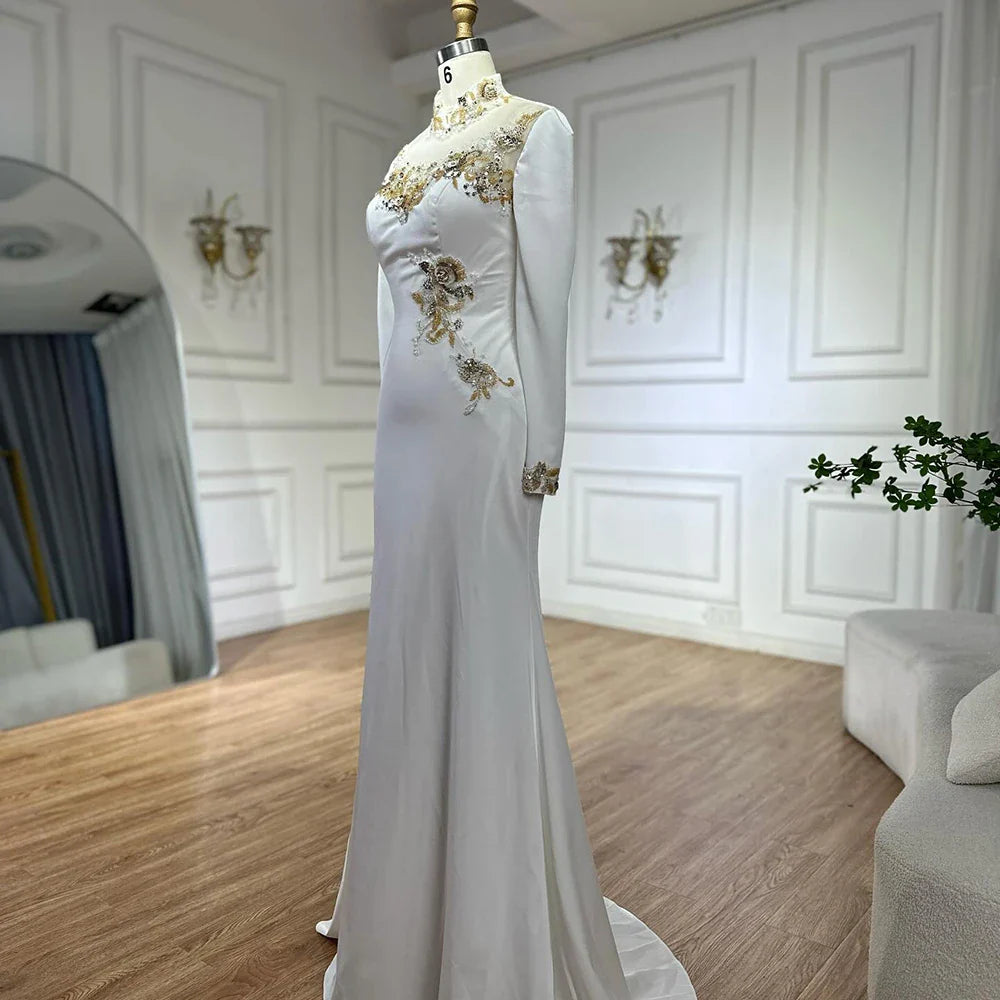 Luxury Dubai   Arabic White Beaded Satin Saudi Mermaid Evening Dresses Gowns for Formal Occasion LA72815