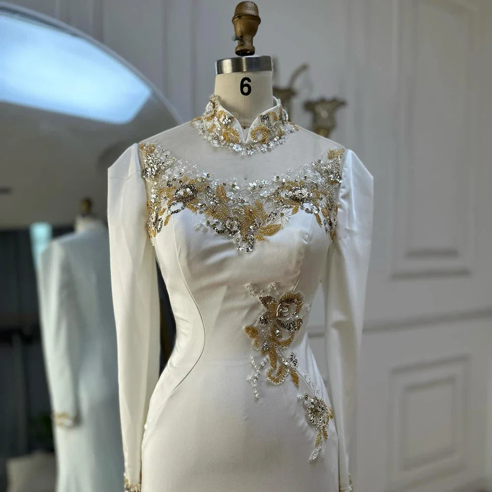 Luxury Dubai   Arabic White Beaded Satin Saudi Mermaid Evening Dresses Gowns for Formal Occasion LA72815