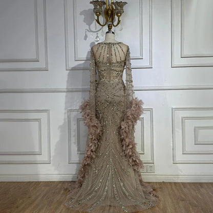 Luxury Modest Caramel Feather  Long Cape  Sleeves Mermaid Evening Dress LA72708A
