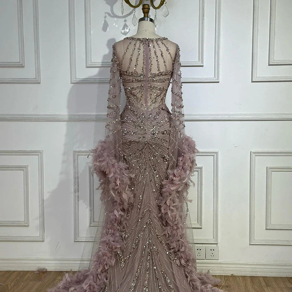 Luxury Modest Caramel Feather  Long Cape  Sleeves Mermaid Evening Dress LA72708A
