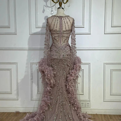 Luxury Modest Caramel Feather  Long Cape  Sleeves Mermaid Evening Dress LA72708A
