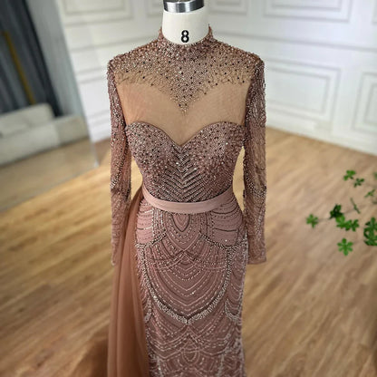 Luxury Brown Beaded Mermaid Evening Dress with Side Overskirt LA71913A