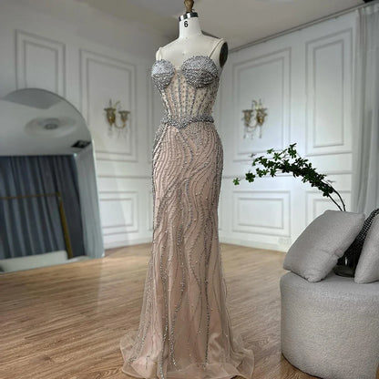 Luxury Dubai   Elegant Spaghetti Strap Pearl Beaded Mermaid Evening Gown for Formal Occasion LA72865