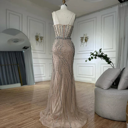 Luxury Dubai   Elegant Spaghetti Strap Pearl Beaded Mermaid Evening Gown for Formal Occasion LA72865