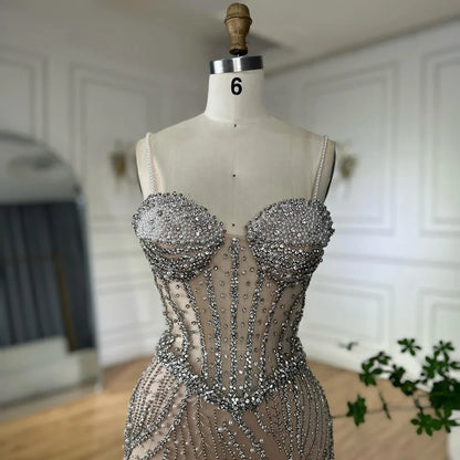 Luxury Dubai   Elegant Spaghetti Strap Pearl Beaded Mermaid Evening Gown for Formal Occasion LA72865