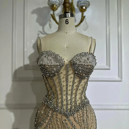 Luxury Dubai   Elegant Spaghetti Strap Pearl Beaded Mermaid Evening Gown for Formal Occasion LA72865