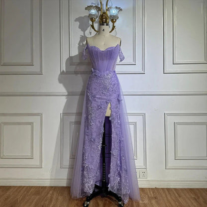 Luxury Dubai   Lilac Off Shoulder Corset Beaded High Slit Tulle Saudi Evening Gown for Formal Occasion LA72874