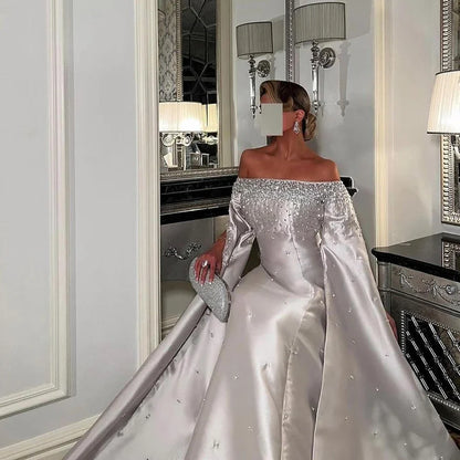 Luxury Dubai   Luxury Off Shoulder A Line Gray Satin Evening Gown  Pearl Beaded for Formal Occasion LA72779