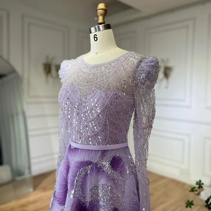 Luxury Dubai   Muslim Elegant Lilac Beaded A Line Evening Gown for Formal Occasion LA72847