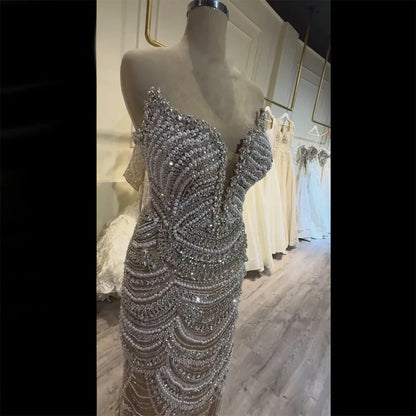 Luxury Nude Silver Beaded Evening Gown with Crystals LA72900
