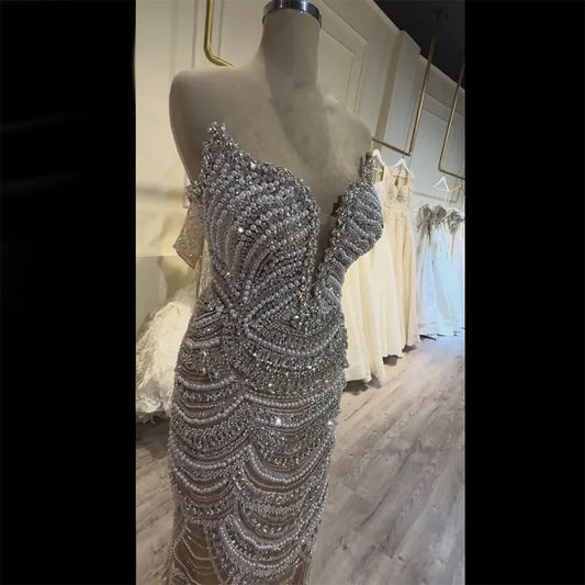Luxury Nude Silver Beaded Evening Gown with Crystals LA72900