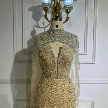 Luxury Nude Pearls Beaded Evening Gown with Long Sheer Cape LA72189A