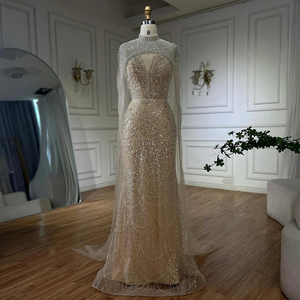 Luxury Nude Pearls Beaded Evening Gown with Long Sheer Cape LA72189A