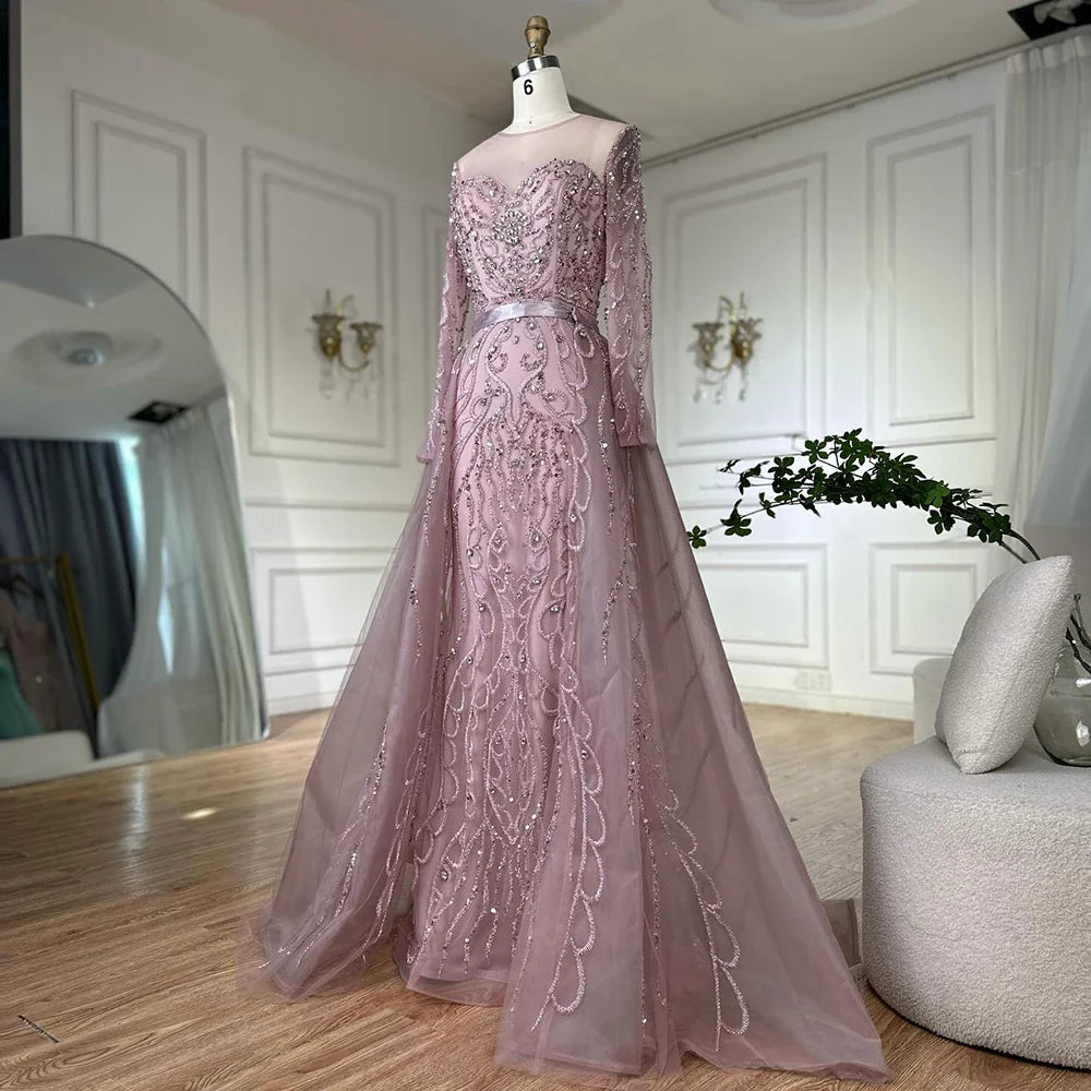 Luxury Dubai   Pink Beaded Saudi Arabic Mermaid Evening Gown with Sheer Long Sleeves for Formal Occasion LA72875