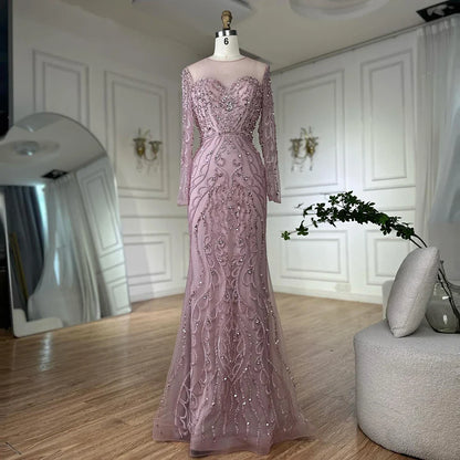Luxury Dubai   Pink Beaded Saudi Arabic Mermaid Evening Gown with Sheer Long Sleeves for Formal Occasion LA72875