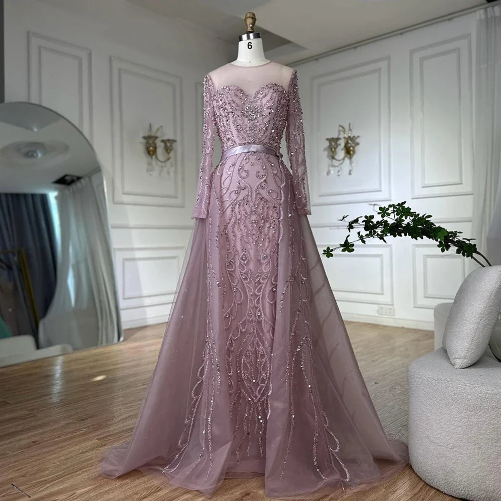 Luxury Dubai   Pink Beaded Saudi Arabic Mermaid Evening Gown with Sheer Long Sleeves for Formal Occasion LA72875