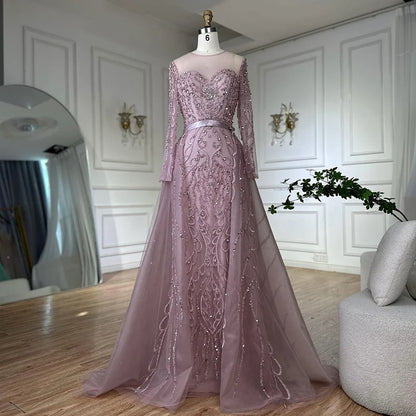 Luxury Dubai   Pink Beaded Saudi Arabic Mermaid Evening Gown with Sheer Long Sleeves for Formal Occasion LA72875