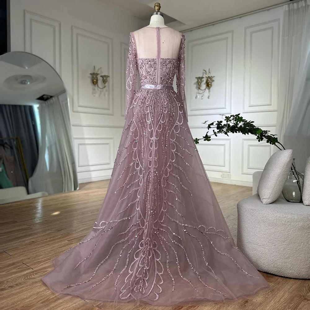 Luxury Dubai   Pink Beaded Saudi Arabic Mermaid Evening Gown with Sheer Long Sleeves for Formal Occasion LA72875