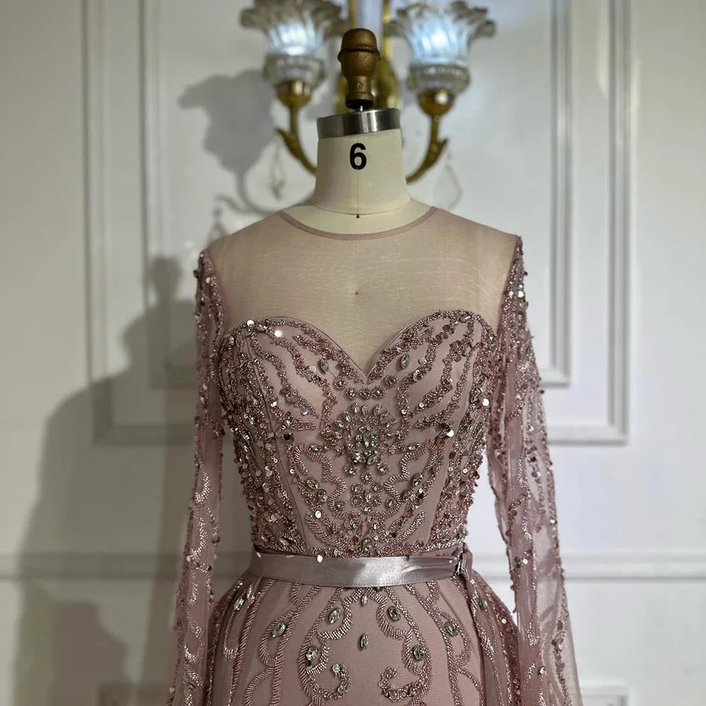 Luxury Dubai   Pink Beaded Saudi Arabic Mermaid Evening Gown with Sheer Long Sleeves for Formal Occasion LA72875