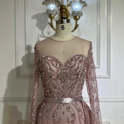 Luxury Dubai   Pink Beaded Saudi Arabic Mermaid Evening Gown with Sheer Long Sleeves for Formal Occasion LA72875
