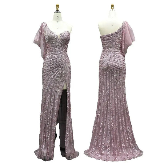 Luxury Dubai   Pink One Shoulder Beaded Mermaid Evening Dresses Gowns with High Split for Formal Occasion LA72821