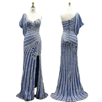 Luxury Dubai   Pink One Shoulder Beaded Mermaid Evening Dresses Gowns with High Split for Formal Occasion LA72821