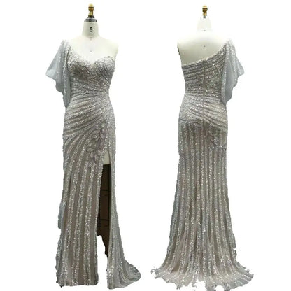 Luxury Dubai   Pink One Shoulder Beaded Mermaid Evening Dresses Gowns with High Split for Formal Occasion LA72821
