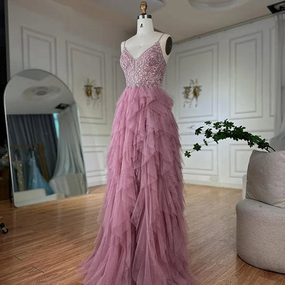 Luxury Dubai   Pink Spaghetti Strap Evening Gown Beaded Bodice and Layered Tulle Skirt for Formal Occasion LA72893