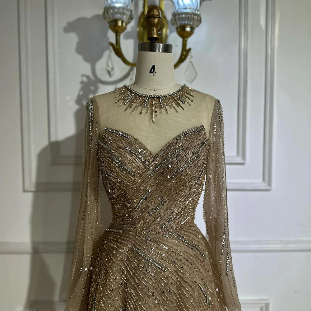 Luxury Dubai Caramel Crystal Beaded A-Line Evening Gown LA72563A