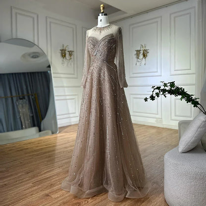 Luxury Dubai Caramel Crystal Beaded A-Line Evening Gown LA72563A