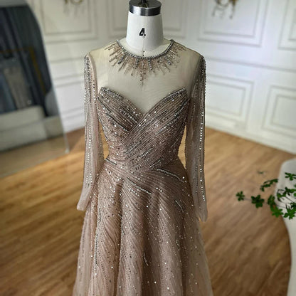 Luxury Dubai Caramel Crystal Beaded A-Line Evening Gown LA72563A