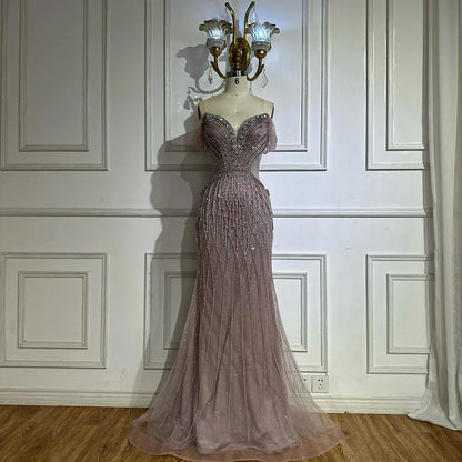 Saudi Arabic Off Shoulder Nude Beaded Tulle Mermaid Evening Gown LA72854