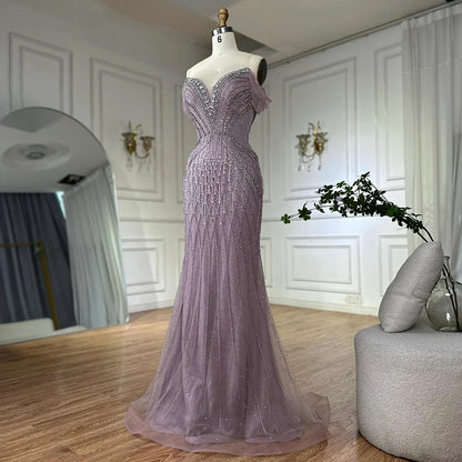 Saudi Arabic Off Shoulder Nude Beaded Tulle Mermaid Evening Gown LA72854