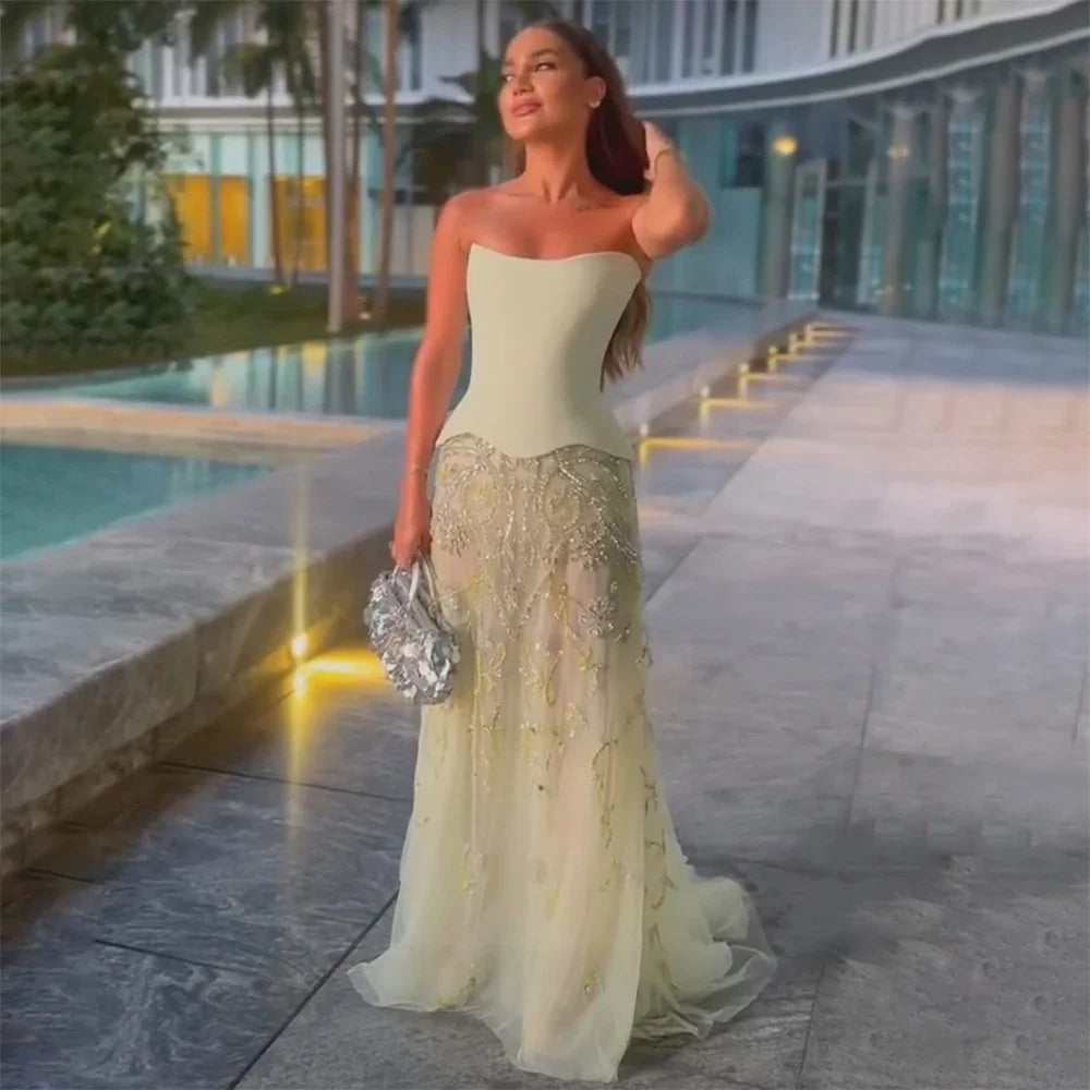 Elegant Sage Green Beaded A-Line Evening Dress Gown LA72809