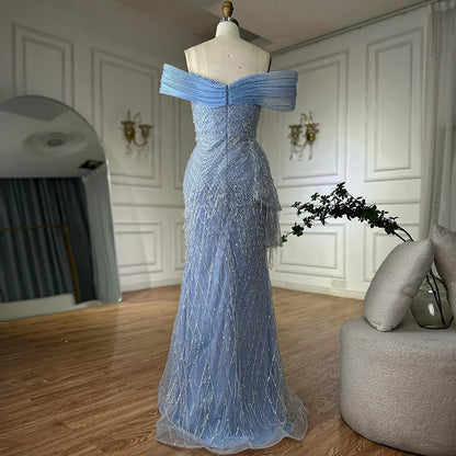 Luxury Blue Beaded Off-Shoulder Mermaid Evening Gown LA72867