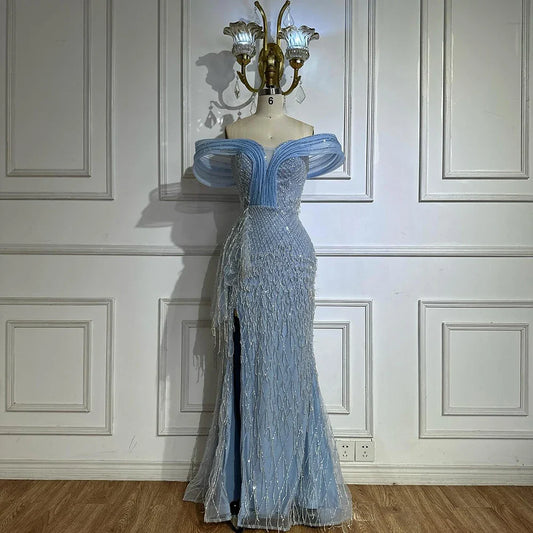 Luxury Blue Beaded Off-Shoulder Mermaid Evening Gown LA72867