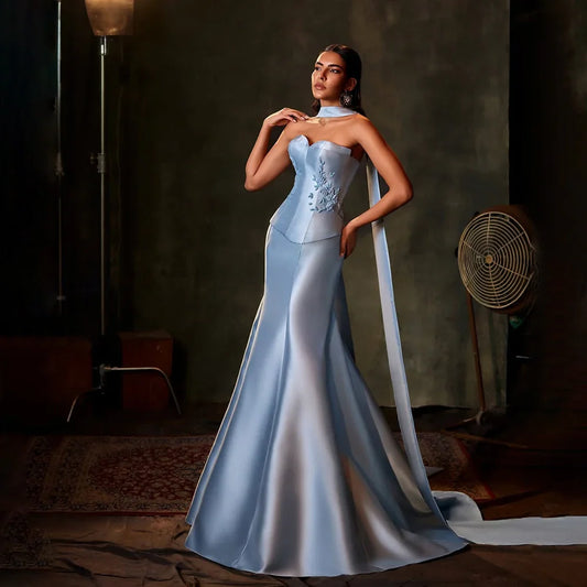 Luxury Blue Satin Mermaid Evening Dress with Long Scarf LA72831