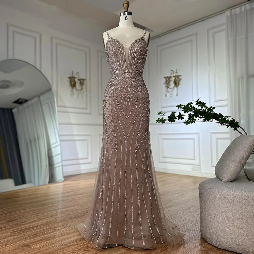 Luxury Dubai   Saudi Caramel Mermaid Arabic Evening Dresses with Beaded Cape Sleeves for Formal Occasion LA72852