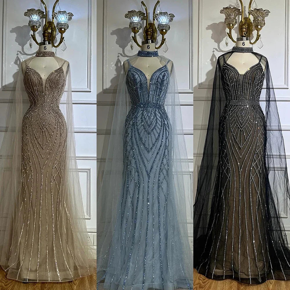 Luxury Dubai   Saudi Caramel Mermaid Arabic Evening Dresses with Beaded Cape Sleeves for Formal Occasion LA72852