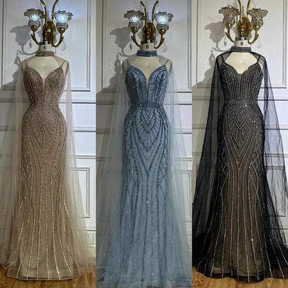 Luxury Dubai   Saudi Caramel Mermaid Arabic Evening Dresses with Beaded Cape Sleeves for Formal Occasion LA72852