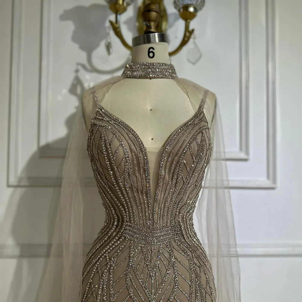 Luxury Dubai   Saudi Caramel Mermaid Arabic Evening Dresses with Beaded Cape Sleeves for Formal Occasion LA72852