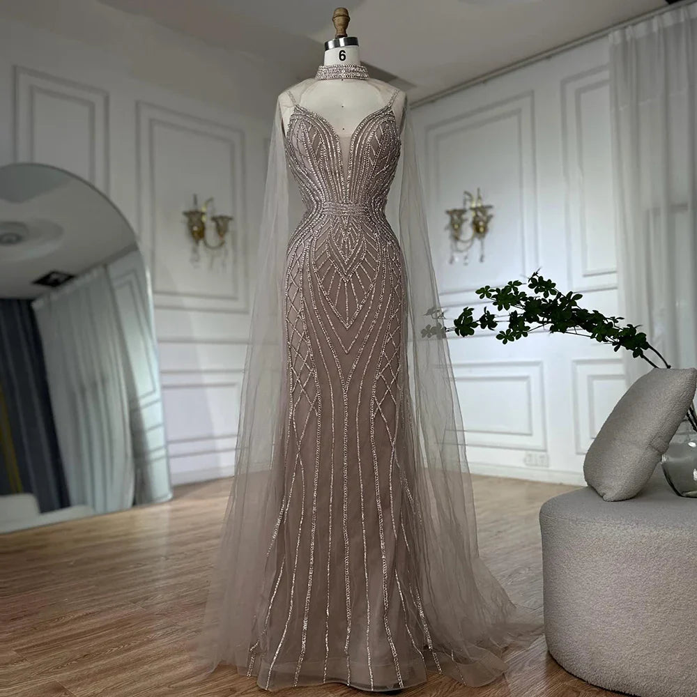 Luxury Dubai   Saudi Caramel Mermaid Arabic Evening Dresses with Beaded Cape Sleeves for Formal Occasion LA72852