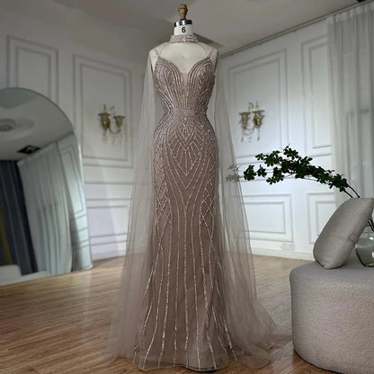 Luxury Dubai   Saudi Caramel Mermaid Arabic Evening Dresses with Beaded Cape Sleeves for Formal Occasion LA72852