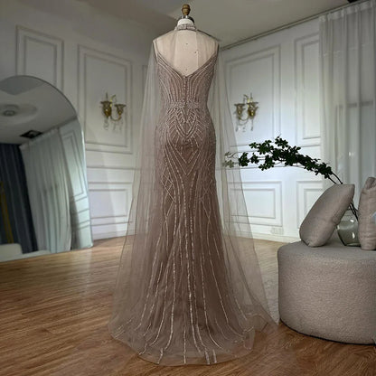 Luxury Dubai   Saudi Caramel Mermaid Arabic Evening Dresses with Beaded Cape Sleeves for Formal Occasion LA72852