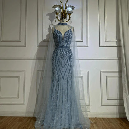 Luxury Dubai   Saudi Caramel Mermaid Arabic Evening Dresses with Beaded Cape Sleeves for Formal Occasion LA72852