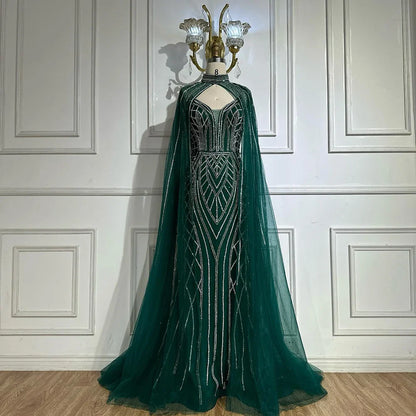 Luxury Dubai   Saudi Green Mermaid Arabic Evening Dresses with Beaded Cape Sleeves for Formal Occasion LA72838