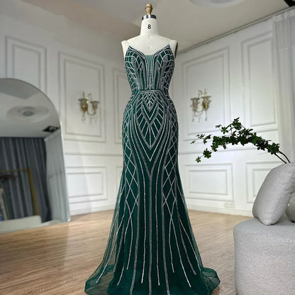 Luxury Dubai   Saudi Green Mermaid Arabic Evening Dresses with Beaded Cape Sleeves for Formal Occasion LA72838