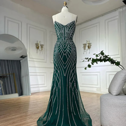 Luxury Dubai   Saudi Green Mermaid Arabic Evening Dresses with Beaded Cape Sleeves for Formal Occasion LA72838